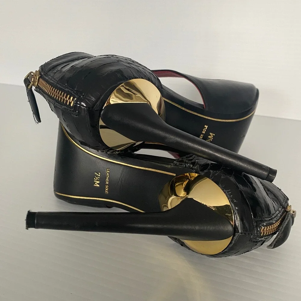 Charles‎ Jourdan Paris Beth Black Snakeskin Stiletto Peep Toe Heels Sandals 7.5